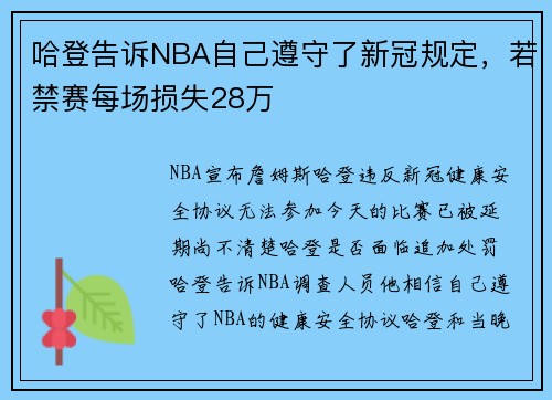 哈登告诉NBA自己遵守了新冠规定，若禁赛每场损失28万